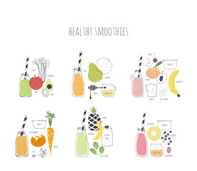 Set of hand drawn healthy smoothie recipes. Doodle vegetables, fruits and berries.