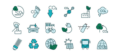 CO2 neutral line icon set. Net zero concept. Green energy, CO2 neutral, save Earth. Editable vector stroke. Minimal vector illustration. Simple outline sign for ecology 