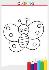 Children's coloring book by color butterfly blank line drawing in a frame with pencils illustration