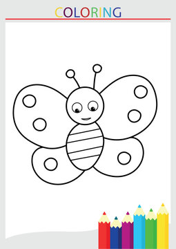 Children's coloring book by color butterfly blank line drawing in a frame with pencils vector illustration