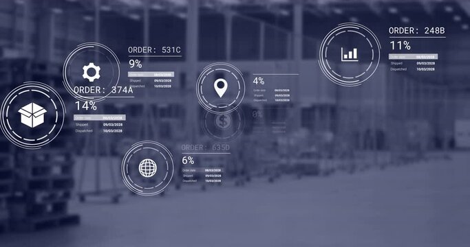 Animation of icons with data processing over warehouse