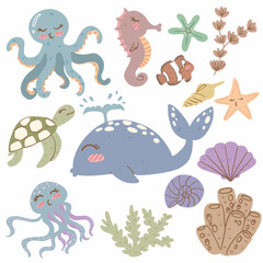 animals collection set Marine animals: octopus, seahorse, starfish, algae, anemone fish, turtle, whale, jellyfish, coral, mollusk vector