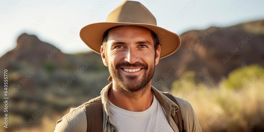 Wall mural ai generated. ai generative. handsome man in hat backpack trekking hiking portrait landscape adventu