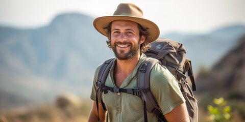 Fototapeta premium AI Generated. AI Generative. Handsome man in hat backpack trekking hiking portrait landscape adventure outdoor. Graphic Art