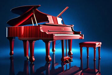 red piano and notes on blue background.
