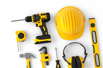 Flying view of yellow construction tools for repair on white background