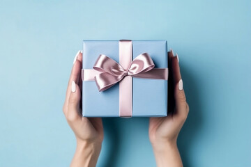 Female hands with natural manicure holding blue gift box with light golden ribbon on trendy beige background. Xmas and New Year postcard design. Black Friday sales, Birthday celebration party concept - 640556117