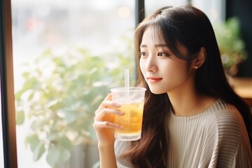 Surprise Asian Girl Eats Iced Tea In In A Cafe In Paris - obrazy, fototapety, plakaty