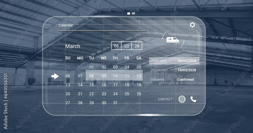 Poster animation of digital interface with icons and data processing over empty warehouse