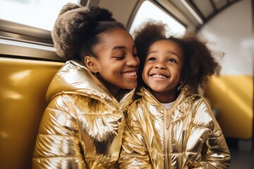 Surprise African Mother And Daughter Stand In A Gold Puffer On A Train