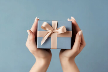 Female hands with natural manicure holding blue gift box with light golden ribbon on trendy beige background. Xmas and New Year postcard design. Black Friday sales, Birthday celebration party concept - 640556389