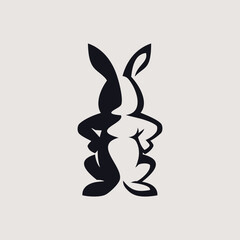 Simple Creative Dynamic Silhouette Black Rabbit Cartoon Bunny Stand looking front Vector Logo Design Inspiration