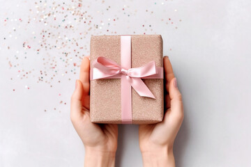 Female hands with natural manicure holding craft gift box with light golden ribbon on trendy beige background. Xmas and New Year postcard design. Black Friday sales, Birthday celebration party concept - 640556559