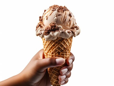 Black hand holding ice cream cone isolated on plain background