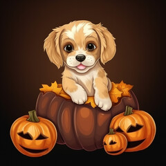 A cute illustration of a puppy sitting in a carved pumpkin ready for halloween, jack o lantern