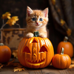 A cute kitten sitting in a carved pumpkin ready for halloween, jack o latern.