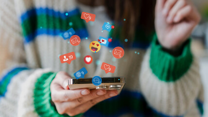 Concept of social media communication and digital online, people use smartphone playing with icon online social media, online marketing, technology, chat, post, like, follow at phone screen