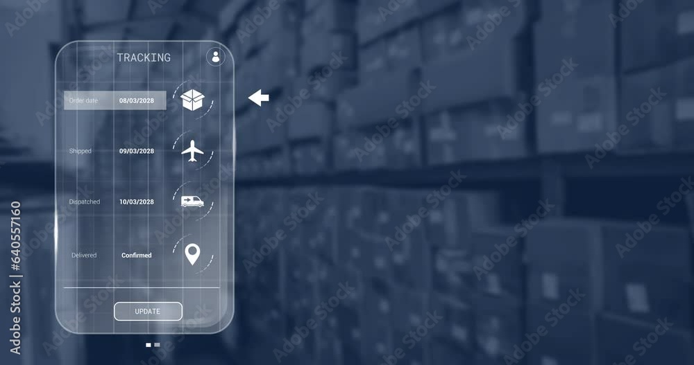 Poster animation of digital interface with icons and data processing over boxes