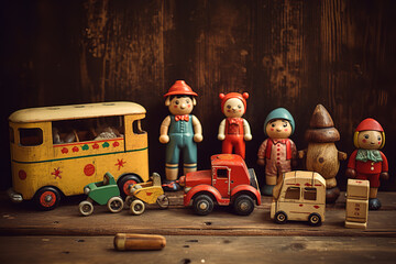 Nostalgic wooden toys from yesteryears, including spinning tops and carved figures, displayed on an aged wood table