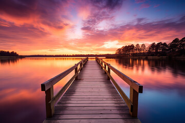 Fototapeta premium A tranquil scene captures a wooden jetty reaching out into calm waters, with the glow of sunset reflecting off the surface
