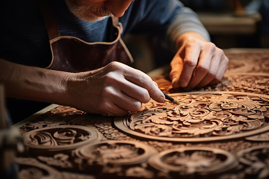 Focused artisan meticulously chiseling designs into a wood block, surrounded by wood shavings and tools