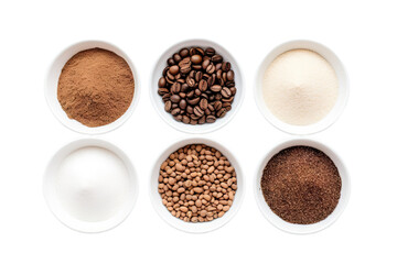 Top flat view of various type coffee grounds, grinder, and power in white bowl or pot isolated on white background, raw ingredients material of drinks