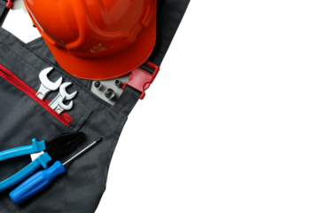 PNG, Uniform, helmet and tools, isolated on white background