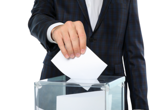 PNG, Man in suit votes, isolated on white background