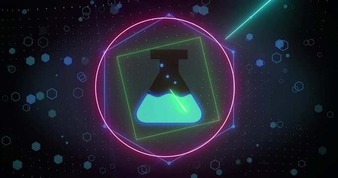 Animation of neon shapes and beaker on black background