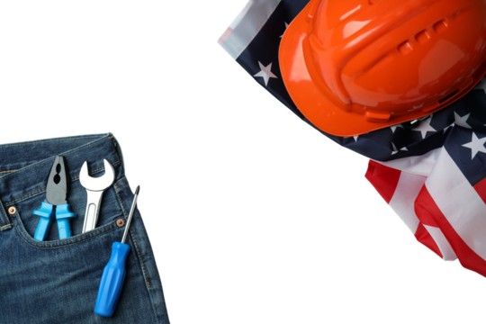 PNG, America flag, helmet and tools, isolated on white background