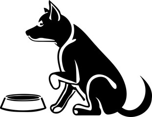 Minimalist vector depiction of a sitting dog and its feeding bowl