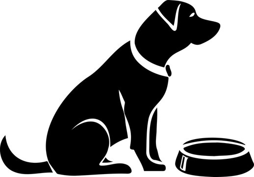 Uncomplicated vector representation of a dog beside its food dish