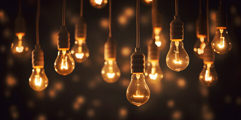 Hanging light bulbs isolated on black background