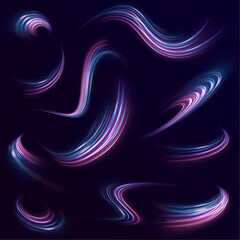 High speed affect motion blur. Futuristic neon light line trails. Purple glowing wave swirl, impulse cable lines. Light everyday glowing effect. Long time exposure. Vector 
