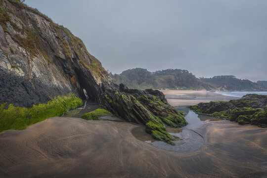 Reflections and moss on the beach of Otur, Asturian coast.