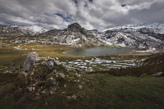 Snow on a spring morning in Picos de Europa mountains, Asturias, Spain