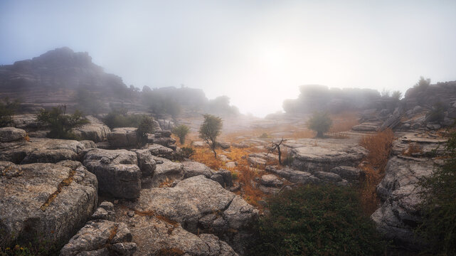 Panoramic landscape with fog of the torcal de antequera. Spain