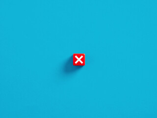 Rejection, cancellation, decline, negative decision making concepts. Error or cancellation button. Red cube with cross mark or x mark symbol.