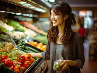 Young woman shopping for fruits and vegetables in a grocery store