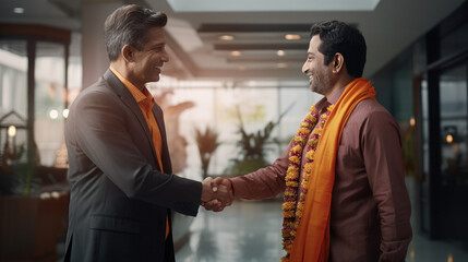 Indian businessman wearing traditional drees handshake in the office