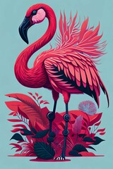A detailed illustration of a flamingo with dark gothic, leaf, and flower, paint splash for a t-shirt design and fashion
