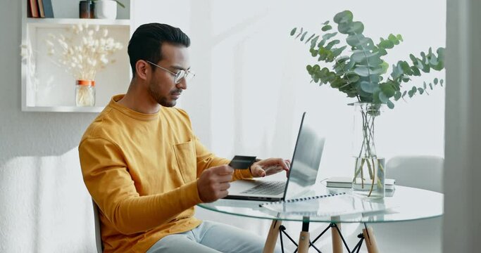 Home, laptop or man with a credit card, ecommerce or online banking with transactions, payment or discount code. Person, pc or guy with finance, digital sale or fintech with web promotion or purchase