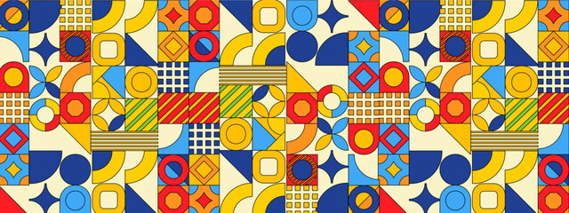Colorful geometric mosaic seamless pattern illustration with creative abstract shapes.