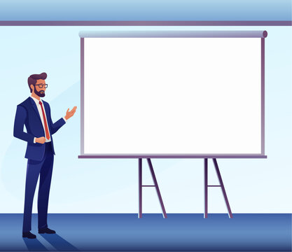 A Business Man Speaker Presenting Or Teaching In Front Of A Projector Screen At A Presentation, Seminar Lecture Or Training Conference Talk.