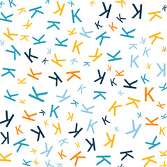 Seamless abstract K letter vector geometric pattern. Colorful letters on white background. Random order. Gift wrapping paper, fabric, poster. Bed linen and interior. School and learning theme.