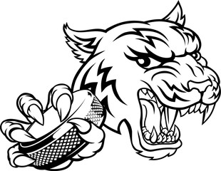 A tiger ice hockey player animal sports mascot holding a puck