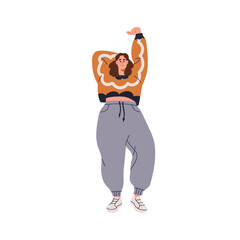 Fat plus-size woman standing, posing. Young chubby chunky girl smiling. Pretty confident body-positive female character with plump figure. Flat vector illustration isolated on white background