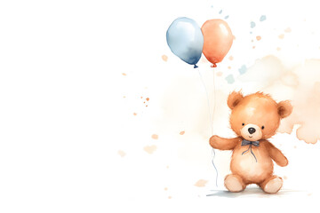 Teddy bear with balloons watercolor illustration isolated on white background