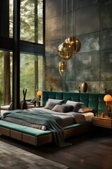 Refined Bedroom Ambiance with Warm Hardwood Floors, Luxurious furniture, Wood and metal Walls, and Light green Elegance.