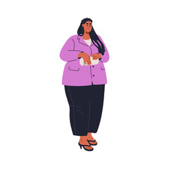 Modern businesswoman. Young pretty fat plus-size girl, business woman in stylish clothes, summer outfit. Chunky chubby person standing in blazer. Flat vector illustration isolated on white background